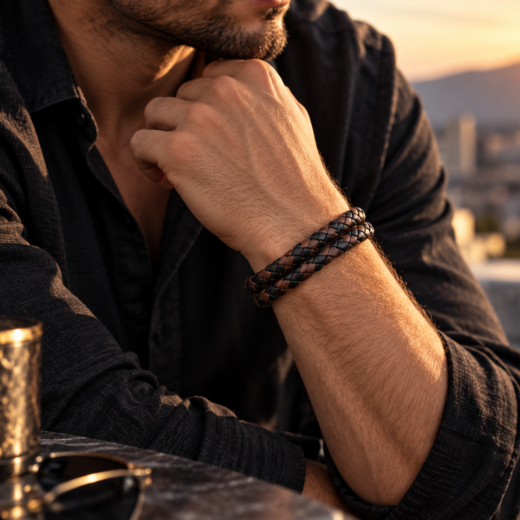 Braunes geflochtenes Herren-Armband am Handgelenk getragen