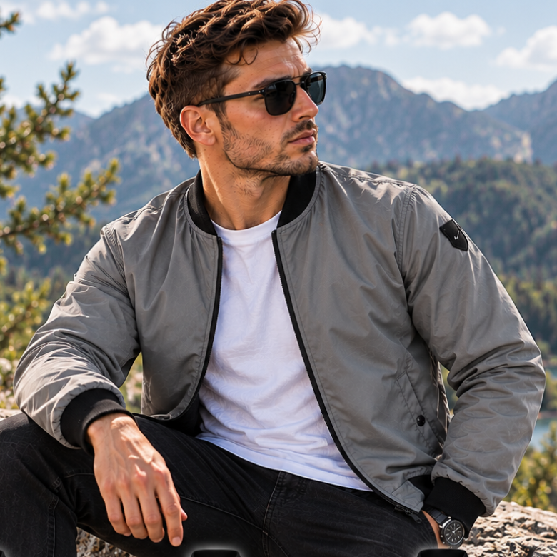 Graue Herren-Bomberjacke im Outdoor-Look getragen