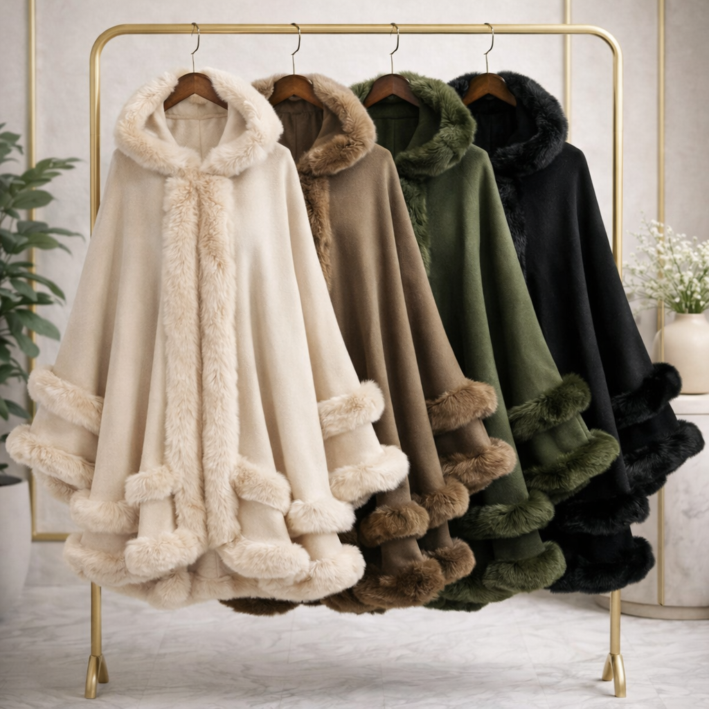 Eleganter Faux-Fur Winterponcho – Luxuriös, Warm & Stilvoll